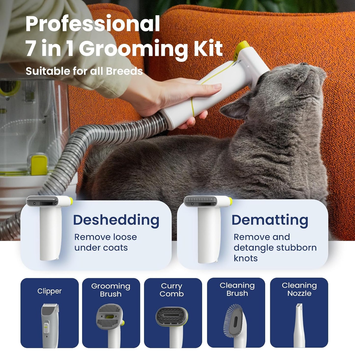 Professional Pet Grooming Vacuum Kit, Dogs & Cats, Direct Handheld Control, 7 Grooming Tools, 6 Suction Levels, Large 2.2L Dust Bin, UL, HEPA Filter