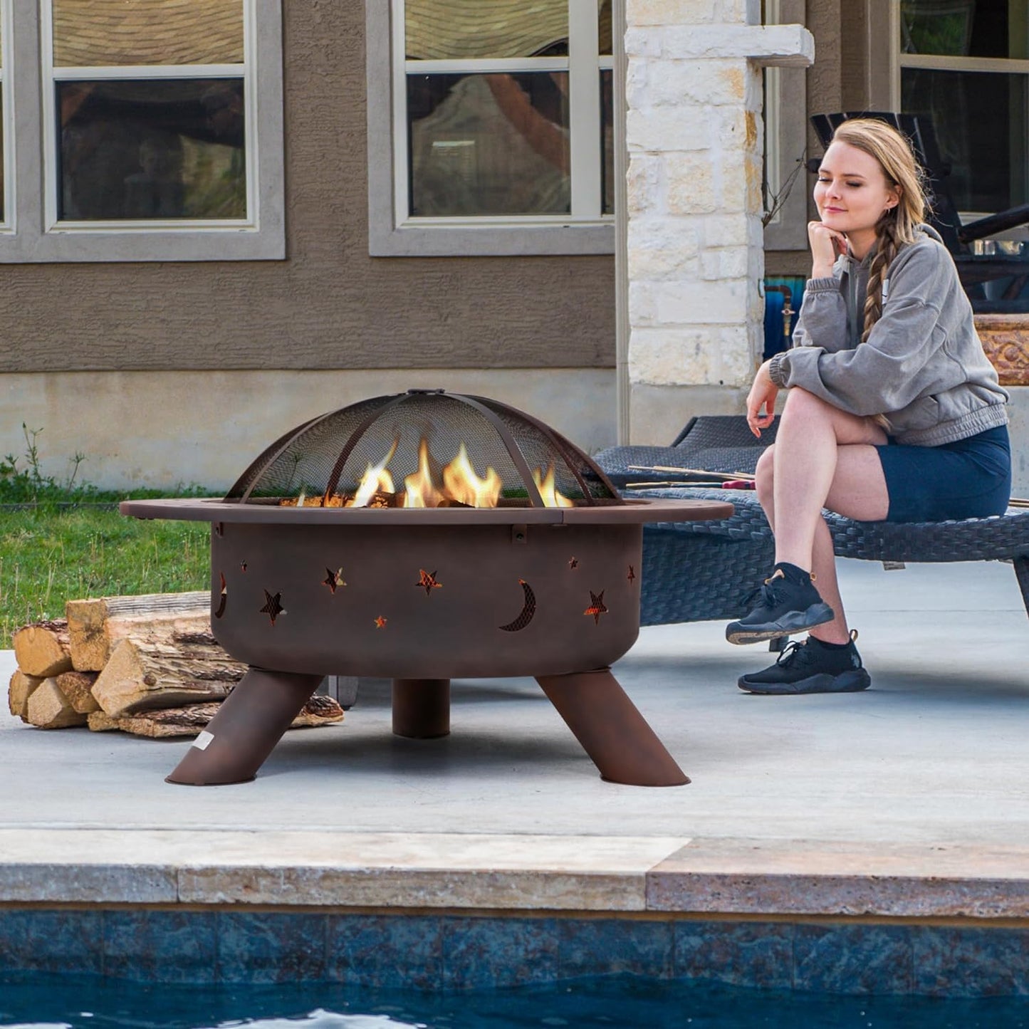 SUNCREAT 42” Patio Fire Pit Wood Burning with Mesh Spark Screen, Bonfire Outdoor firepit with Fireplace Poker, Black