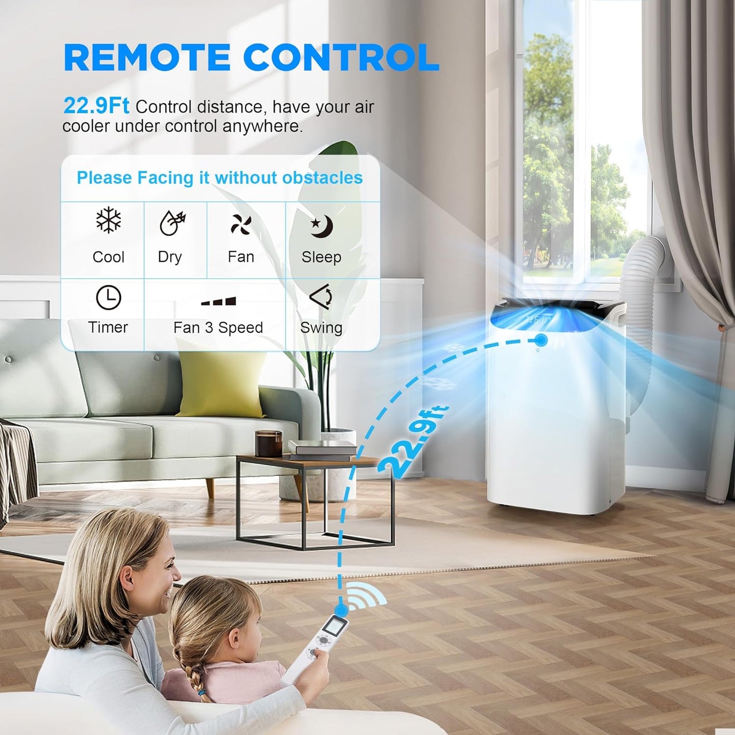 Portable Air Conditioners with Remote Control, 3-in-1 Free Standing Cooling AC Unit with Fan & Dehumidifier, Cools Room up to 700 sq.ft, Smart/Sleep Mode,3 Speed,Auto Swing,24H Timer