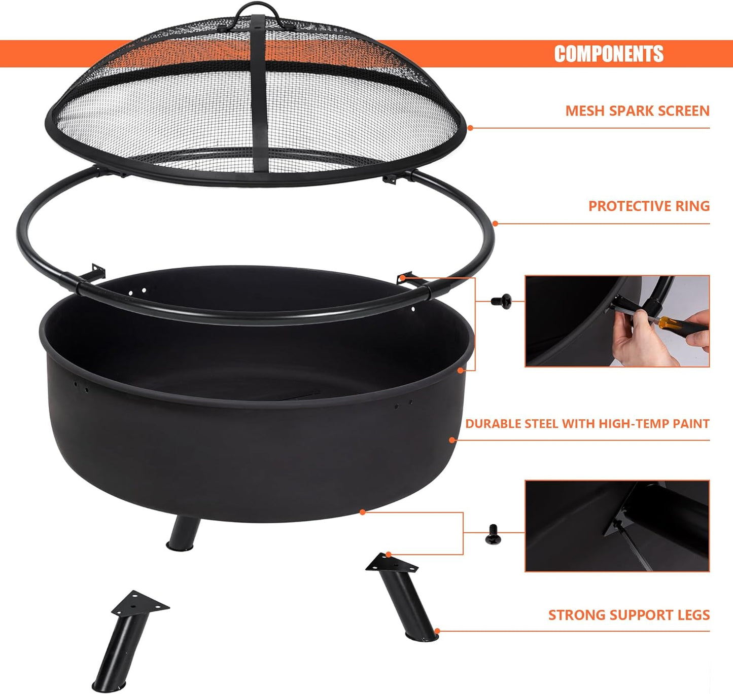 SUNCREAT 42” Patio Fire Pit Wood Burning with Mesh Spark Screen, Bonfire Outdoor firepit with Fireplace Poker, Black