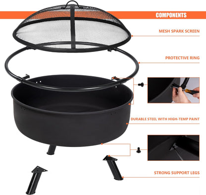 SUNCREAT 42” Patio Fire Pit Wood Burning with Mesh Spark Screen, Bonfire Outdoor firepit with Fireplace Poker, Black