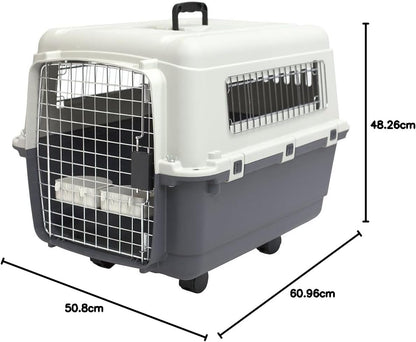 SportPet Designs Plastic Kennels Rolling Plastic Airline Approved Wire Door Travel Dog Crate, XXX-Large, Gray