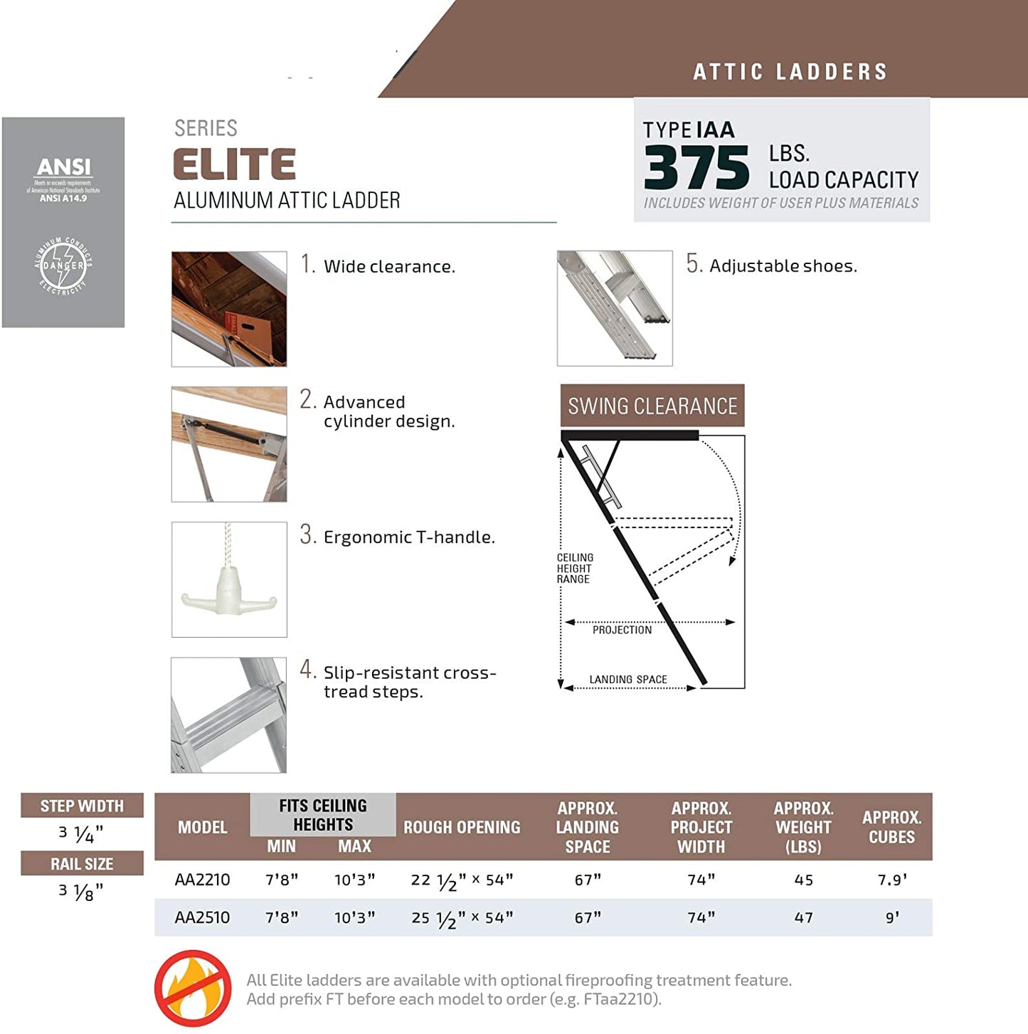 25-1/2 by 54-Inch Elite, 7'8′′-10-Foot Ceiling Height, 375-Pound Capacity, Type IAA, AA2510, Aluminum Ladder, attic, x Rough Opening, Silver