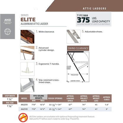 25-1/2 by 54-Inch Elite, 7'8′′-10-Foot Ceiling Height, 375-Pound Capacity, Type IAA, AA2510, Aluminum Ladder, attic, x Rough Opening, Silver