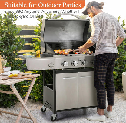 Burner Gas grill with side burner and enameled cast iron grille 42,000BTU outdoor cooking stainless steel propane grill Garden grill, silver