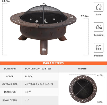 SUNCREAT 42” Patio Fire Pit Wood Burning with Mesh Spark Screen, Bonfire Outdoor firepit with Fireplace Poker, Black