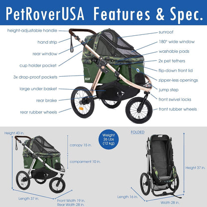 Jogging Sports Stroller with Comfort Rubber Wheels/Zipper-Less Entry/1-Hand Quick Fold/Aluminum Frame for Small/Medium Dogs, Cats and Pets (Green Camo)