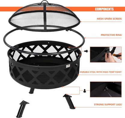 SUNCREAT 42” Patio Fire Pit Wood Burning with Mesh Spark Screen, Bonfire Outdoor firepit with Fireplace Poker, Black
