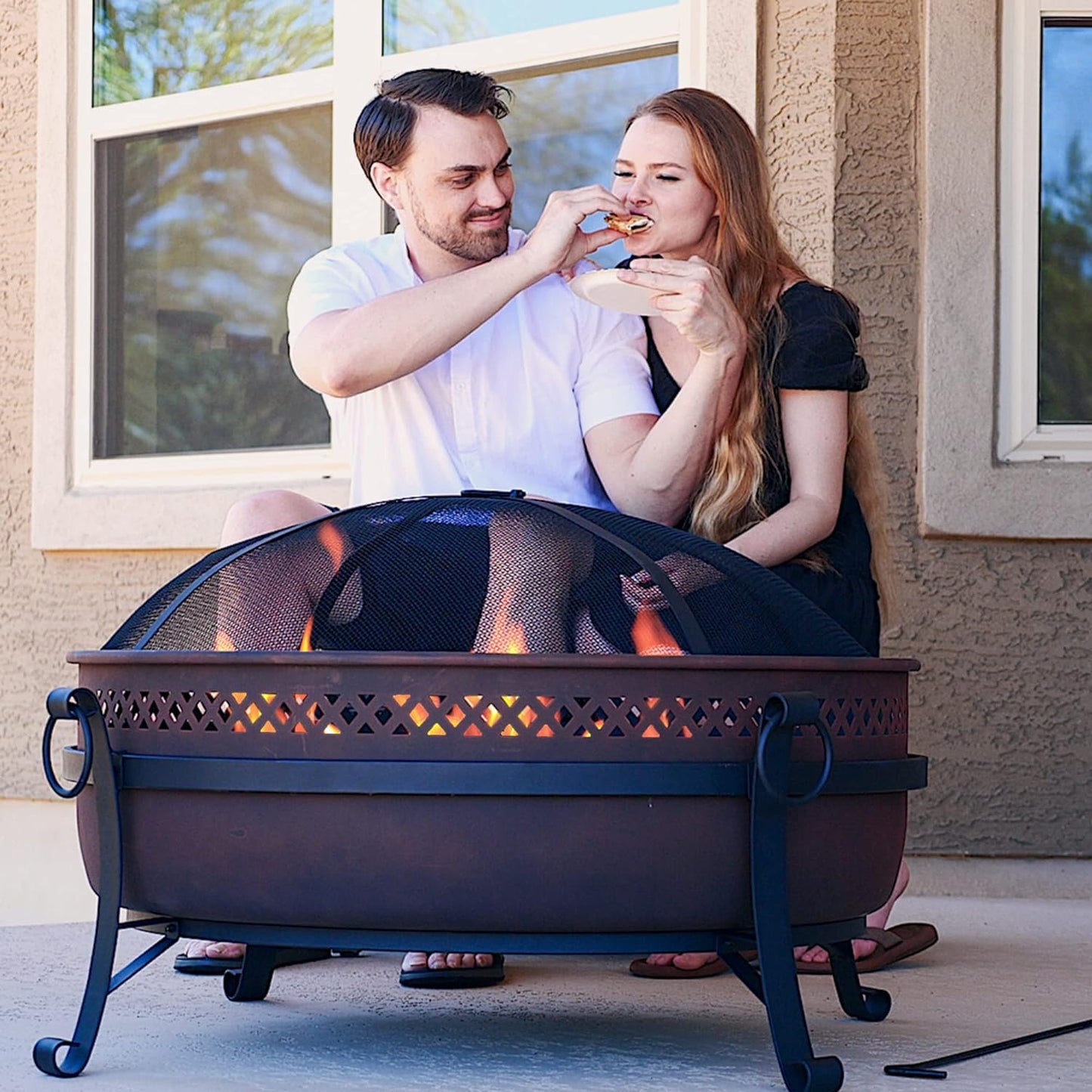 SUNCREAT 42” Patio Fire Pit Wood Burning with Mesh Spark Screen, Bonfire Outdoor firepit with Fireplace Poker, Black