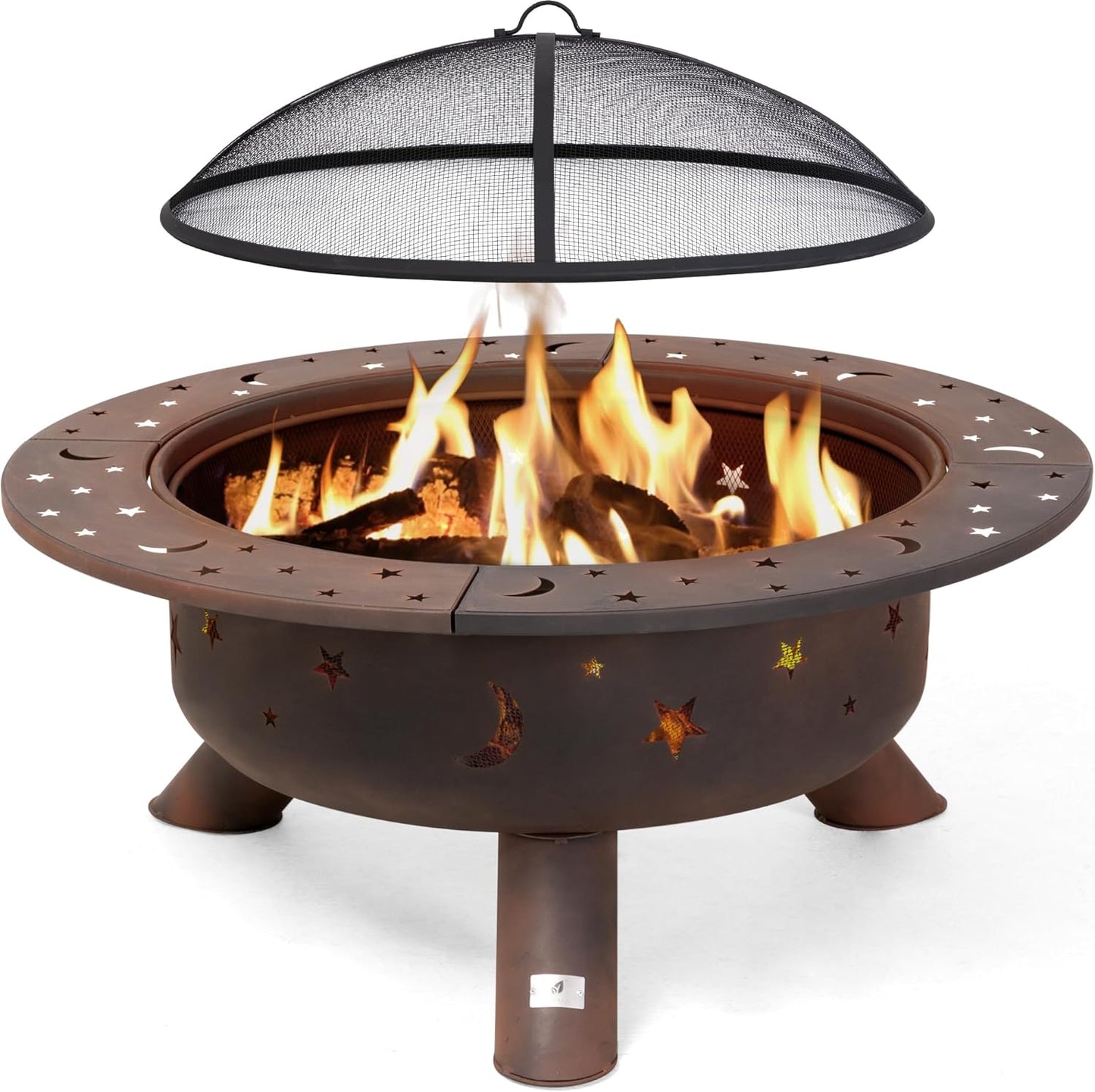 SUNCREAT 42” Patio Fire Pit Wood Burning with Mesh Spark Screen, Bonfire Outdoor firepit with Fireplace Poker, Black