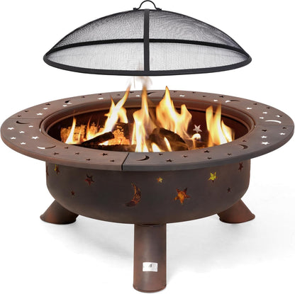 SUNCREAT 42” Patio Fire Pit Wood Burning with Mesh Spark Screen, Bonfire Outdoor firepit with Fireplace Poker, Black