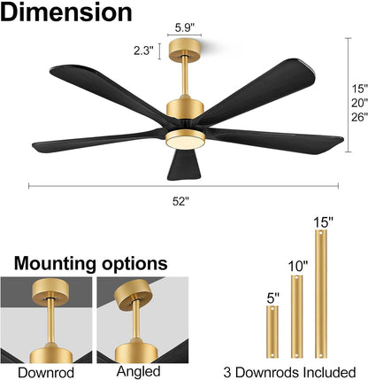 Ceiling Fans with Lights, 60 inch Outdoor Ceiling Fans with Lights for Patio and Remote Control, Modern Ceiling Fan with Light, 5 Solid Wood Blades 6-Speed Reversible DC Motor (Dark Brown)
