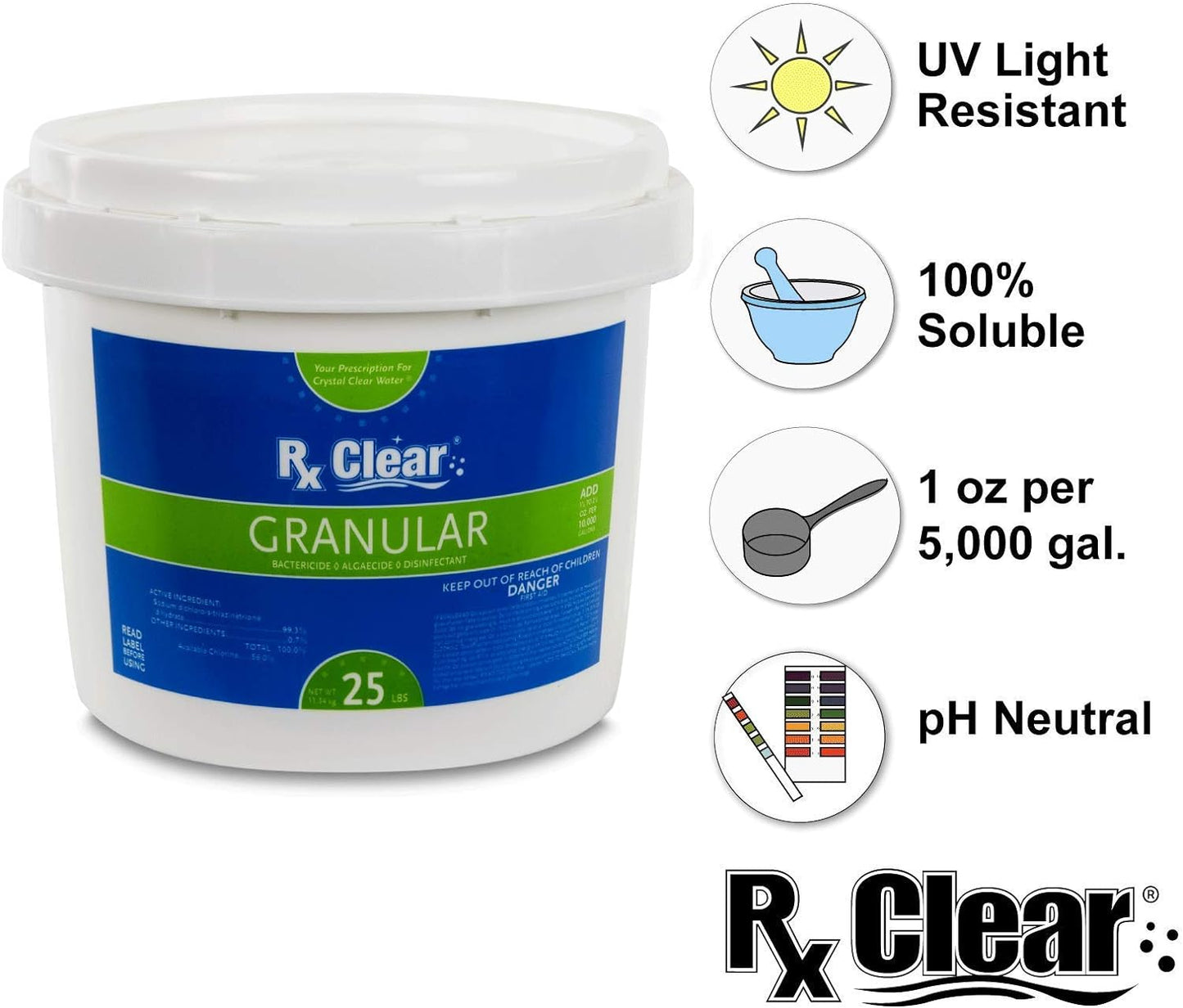 Clear Stabilized Granular Chlorine | One 50-Pound Bucket | Use As Bactericide, Algaecide, and Disinfectant in Swimming Pools and Spas | Fast Dissolving and UV Protected