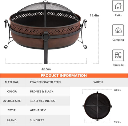 SUNCREAT 42” Patio Fire Pit Wood Burning with Mesh Spark Screen, Bonfire Outdoor firepit with Fireplace Poker, Black