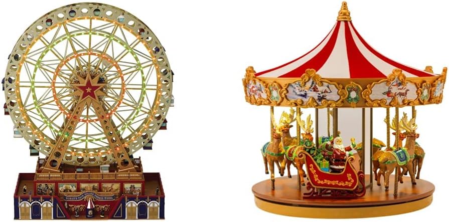 World's Fair Ferris Wheel Musical Animation Indoor Christmas Decor, 15", Gold & Very Merry Carousel Musical Animation Indoor Christmas Decor, 12", Red