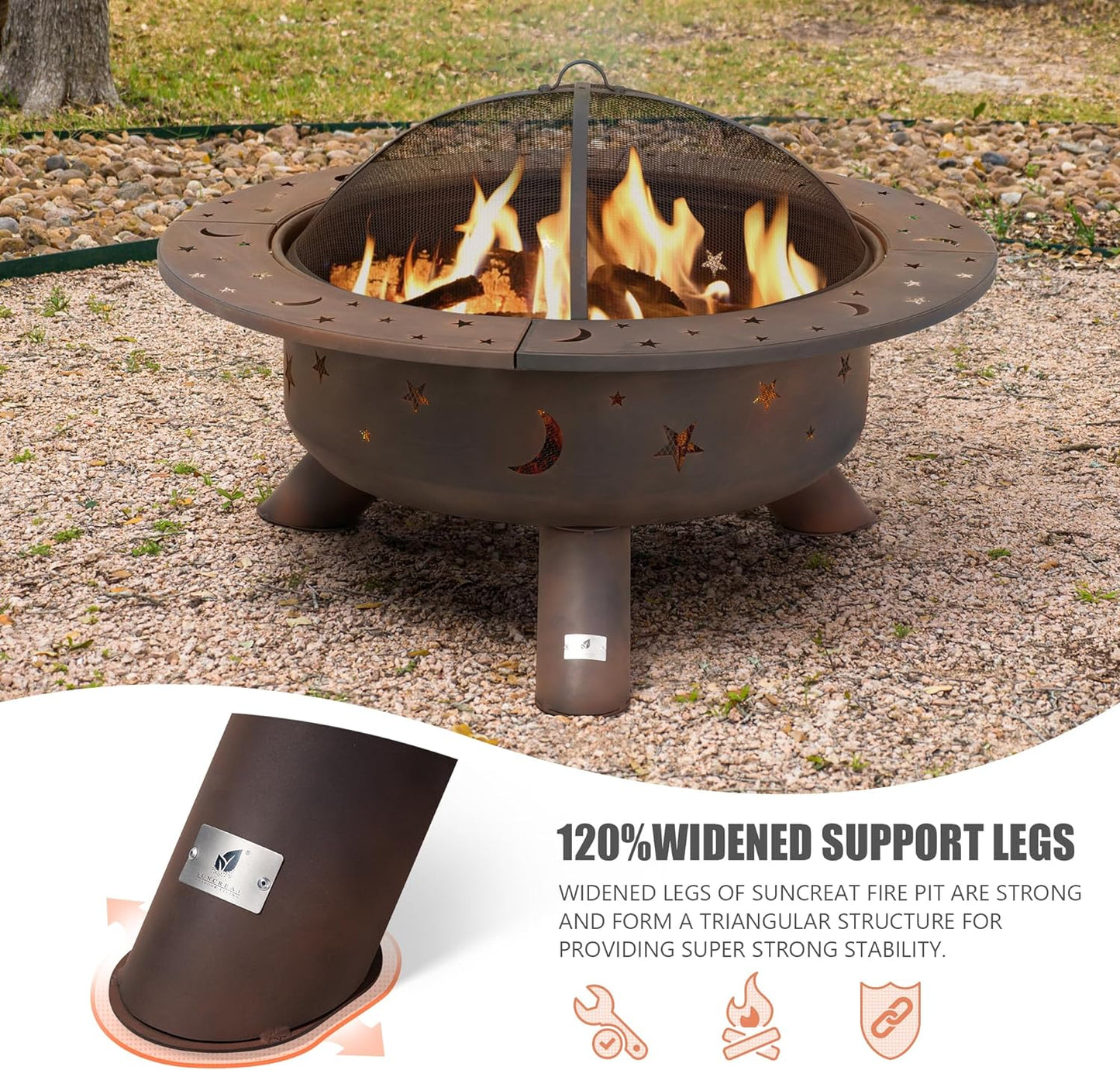 SUNCREAT 42” Patio Fire Pit Wood Burning with Mesh Spark Screen, Bonfire Outdoor firepit with Fireplace Poker, Black