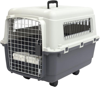 SportPet Designs Plastic Kennels Rolling Plastic Airline Approved Wire Door Travel Dog Crate, XXX-Large, Gray