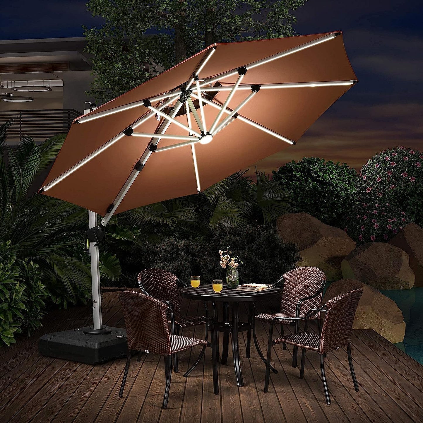 12ft Solar LED Patio Umbrella Outdoor Round Umbrella Large Cantilever Umbrella with LED Lights Windproof Bias Umbrella Heavy Duty Parasol for Garden Deck Pool Patio