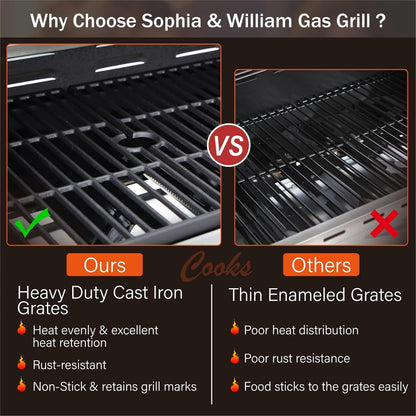 Burner Gas grill with side burner and enameled cast iron grille 42,000BTU outdoor cooking stainless steel propane grill Garden grill, silver