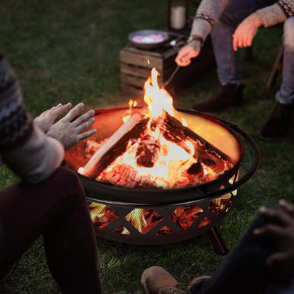 SUNCREAT 42” Patio Fire Pit Wood Burning with Mesh Spark Screen, Bonfire Outdoor firepit with Fireplace Poker, Black