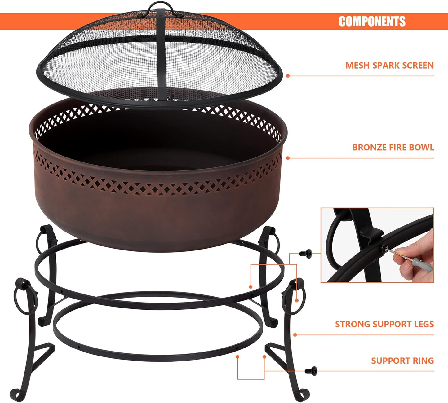 SUNCREAT 42” Patio Fire Pit Wood Burning with Mesh Spark Screen, Bonfire Outdoor firepit with Fireplace Poker, Black