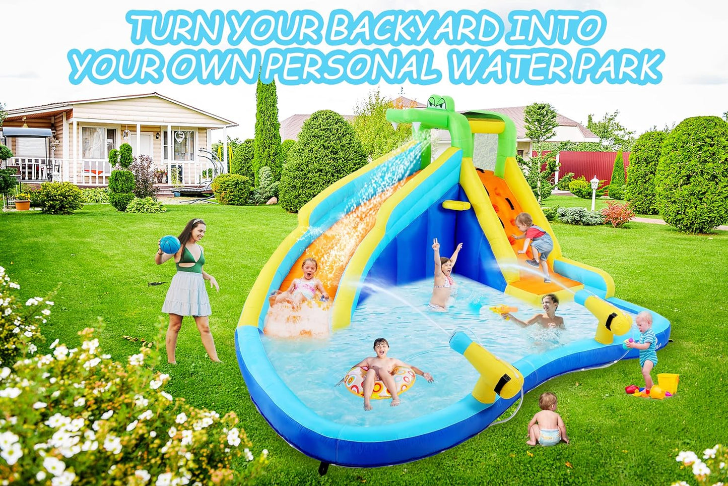 Inflatable Water Slides for Kids 8-in-1 Bounce House Water Park with 450W Blower Climbing Wall, Splash Pool, 2 Water Cannons, Basketball Hoop, Water Slide, Crocodile Sprinkler for Gift Backyard Party