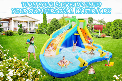 Inflatable Water Slides for Kids 8-in-1 Bounce House Water Park with 450W Blower Climbing Wall, Splash Pool, 2 Water Cannons, Basketball Hoop, Water Slide, Crocodile Sprinkler for Gift Backyard Party