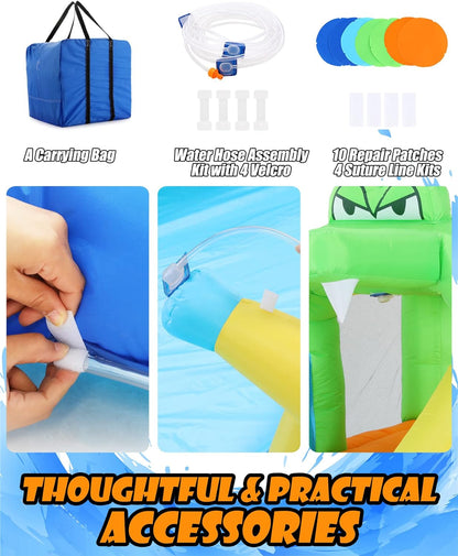 Inflatable Water Slides for Kids 8-in-1 Bounce House Water Park with 450W Blower Climbing Wall, Splash Pool, 2 Water Cannons, Basketball Hoop, Water Slide, Crocodile Sprinkler for Gift Backyard Party
