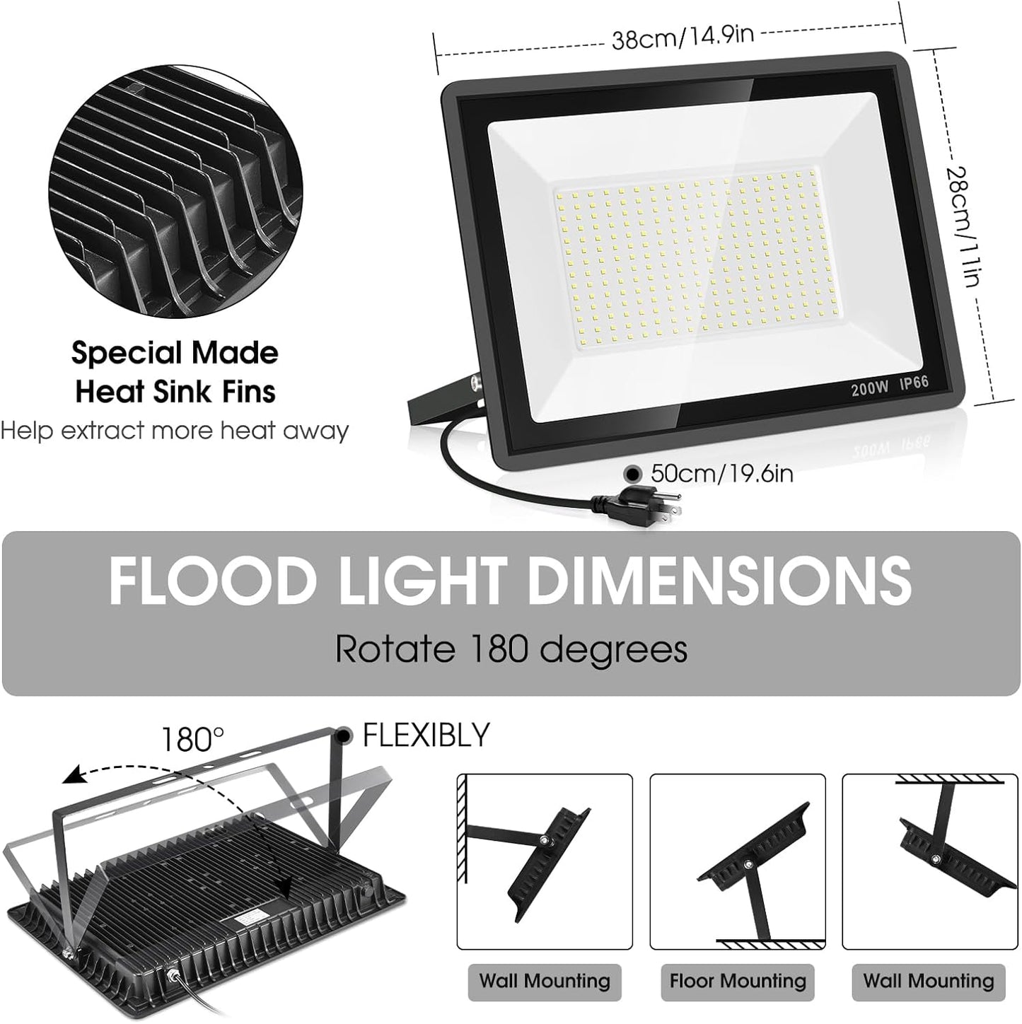 3 Pack 200W LED Flood Light,Super Bright Exterior Security Lights With Plug,IP66 Waterproof Outdoor Flood Light, 22800lm 5000K Daylight White Floodlight for Yard, Garden,Basketball Court, Arena