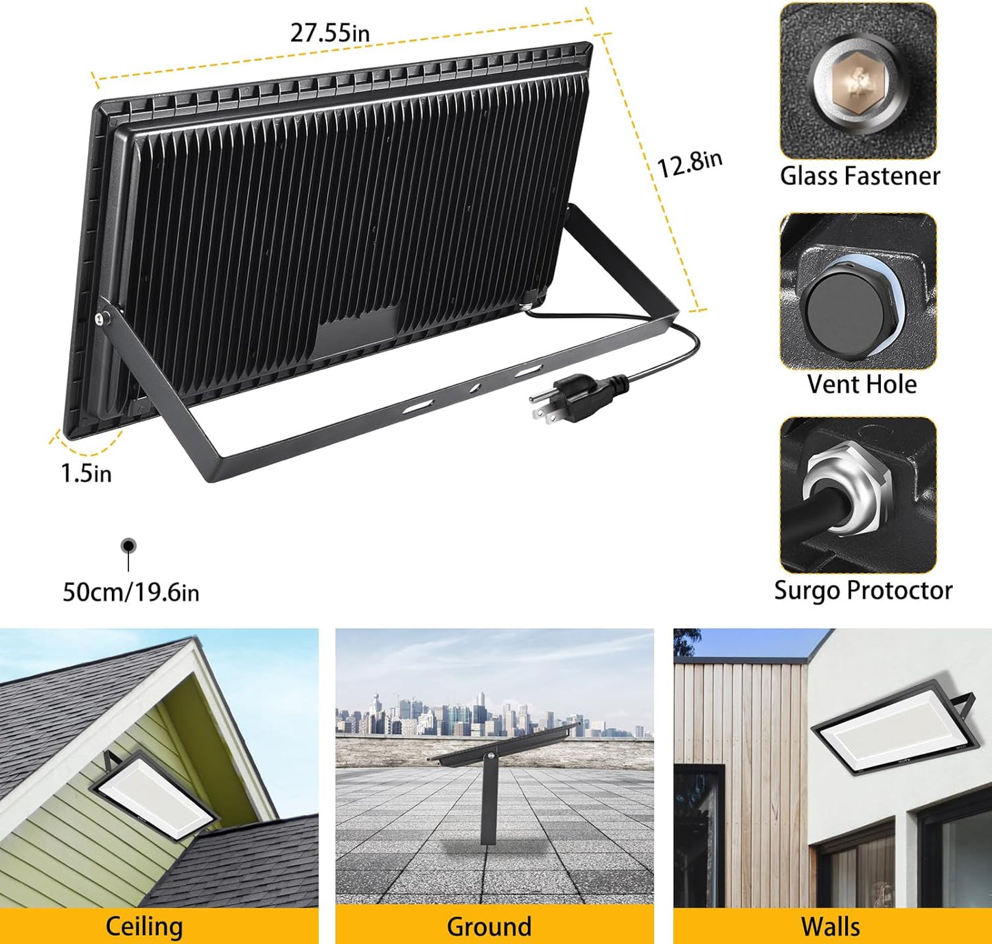 3 Pack 200W LED Flood Light,Super Bright Exterior Security Lights With Plug,IP66 Waterproof Outdoor Flood Light, 22800lm 5000K Daylight White Floodlight for Yard, Garden,Basketball Court, Arena