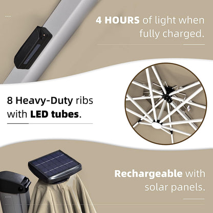 12ft Solar LED Patio Umbrella Outdoor Round Umbrella Large Cantilever Umbrella with LED Lights Windproof Bias Umbrella Heavy Duty Parasol for Garden Deck Pool Patio