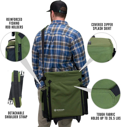 Elkton Outdoors Rolling Tackle Box with Wheels - Waterproof Rolling Fishing Backpack, 5 Removable Tackle Trays, 4 Rod Holders, Fishing Gifts for Men, Fish Tackle Bag, Roller Tackle Box