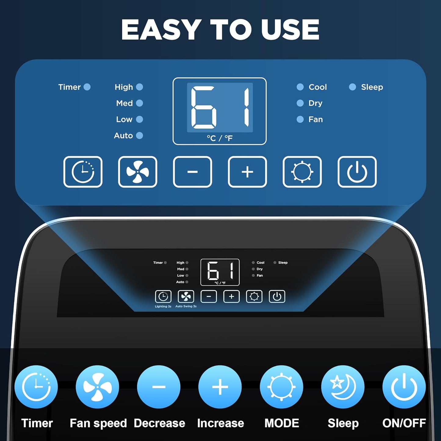 Portable Air Conditioners with Remote Control, 3-in-1 Free Standing Cooling AC Unit with Fan & Dehumidifier, Cools Room up to 700 sq.ft, Smart/Sleep Mode,3 Speed,Auto Swing,24H Timer